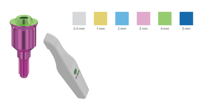 A diagram showing an XGate Dental abutment component and a color-coding guide that indicates different abutment heights from 0.5 mm to 5 mm