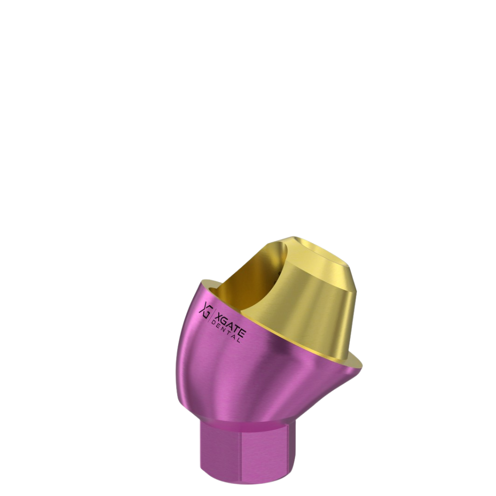 A 1 mm D-type angled dental abutment from XGATE DENTAL, featuring a purple body and a gold-colored angled top used to correct implant angulation