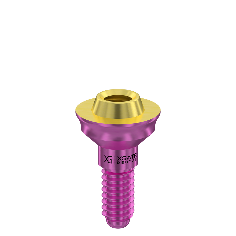 A 1 mm V-type dental abutment from XGATE DENTAL, featuring a purple body and a gold-colored cone for restorations