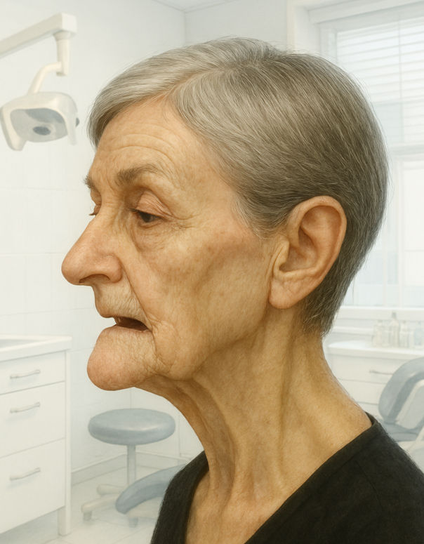 Example of bone loss in elderly patients with complete edentia ('witch's chin')