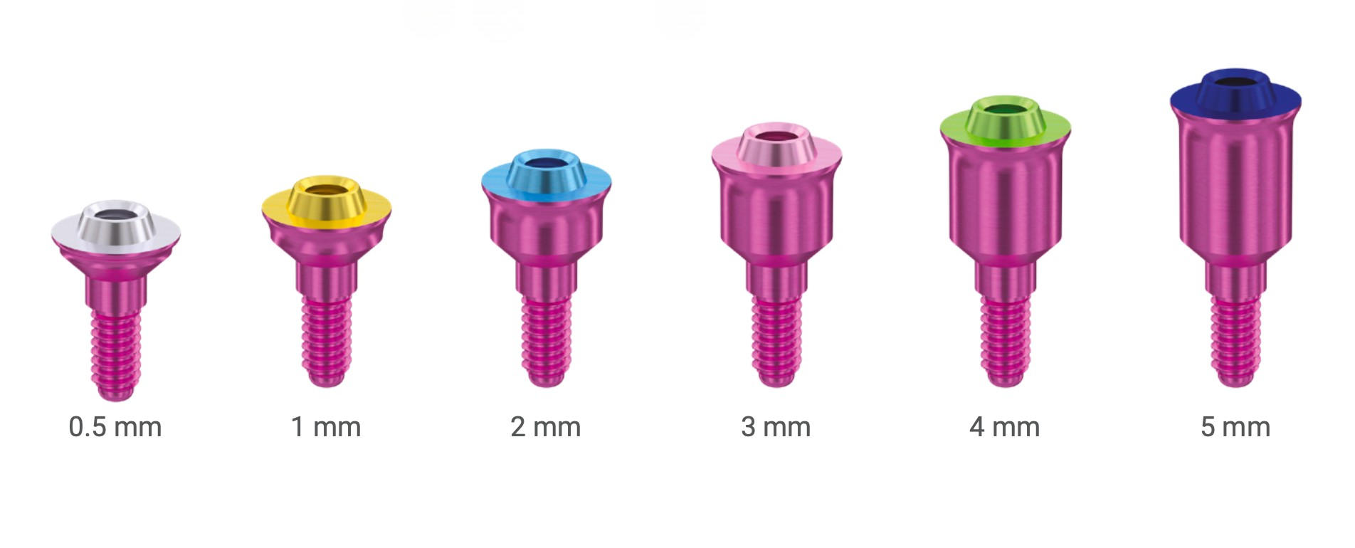XGATE V-Type Multi-Unit Abutments lineup showing various cuff heights (0.5mm to 5mm) with color-coded anodization.