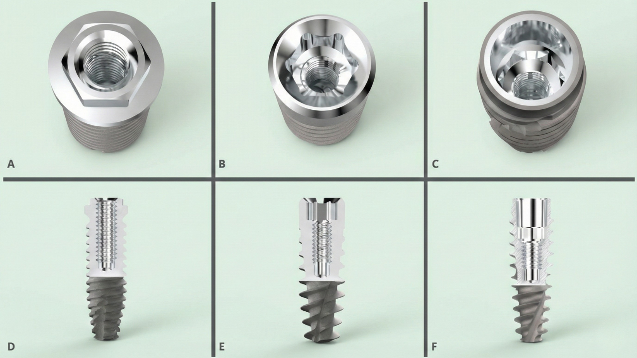 3D rendering comparing three implant-abutment connection designs: External Hexagon, Internal Hexagon, and Cone Morse with longitudinal cross-sections