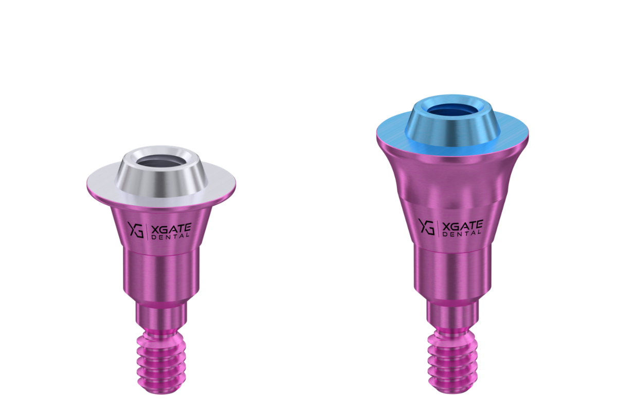 Purple anodized dental implant multi-unit abutment with silver top and threaded base