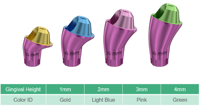 Four color-coded dental implant abutments showing progressive gingival heights from 1mm to 4mm