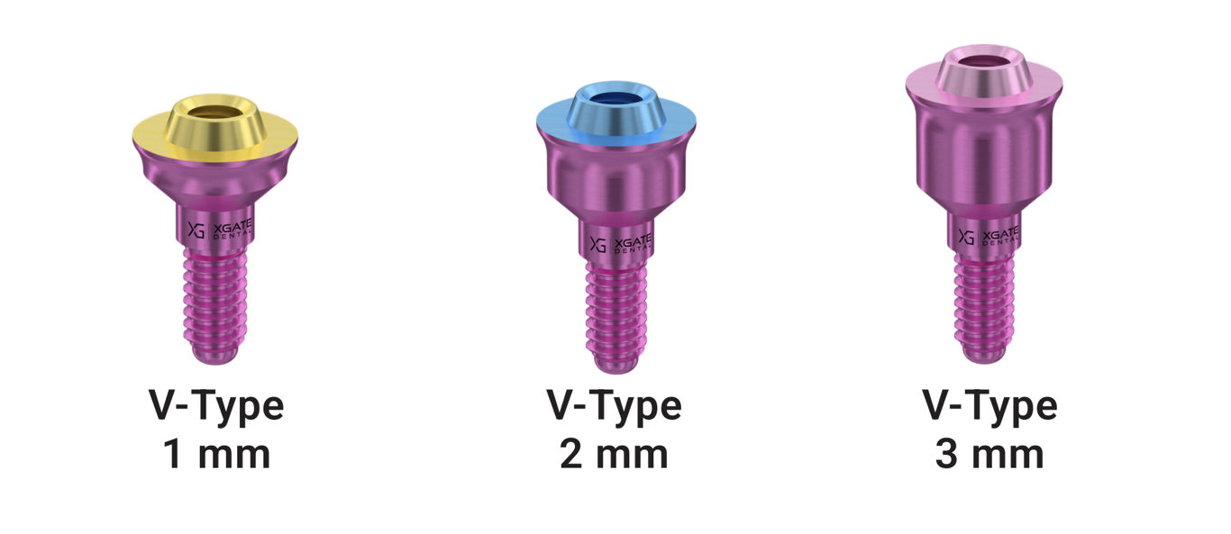 Three straight V-Type multi-unit abutments with gingival heights of 1 mm, 2 mm, and 3 mm side by side.