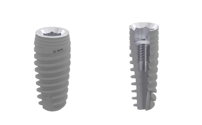 XGATE X3 implant shown in full view and in cross-section revealing the internal hex connection.