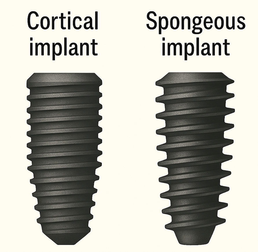 Side by side comparison of cortical and spongeous dental implant thread designs showing different spacing patterns