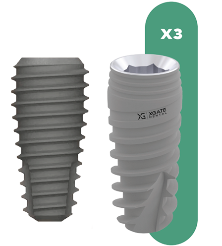 Two dental implant designs showing specialized dense bone implant and XGate X3 universal implant with internal connection