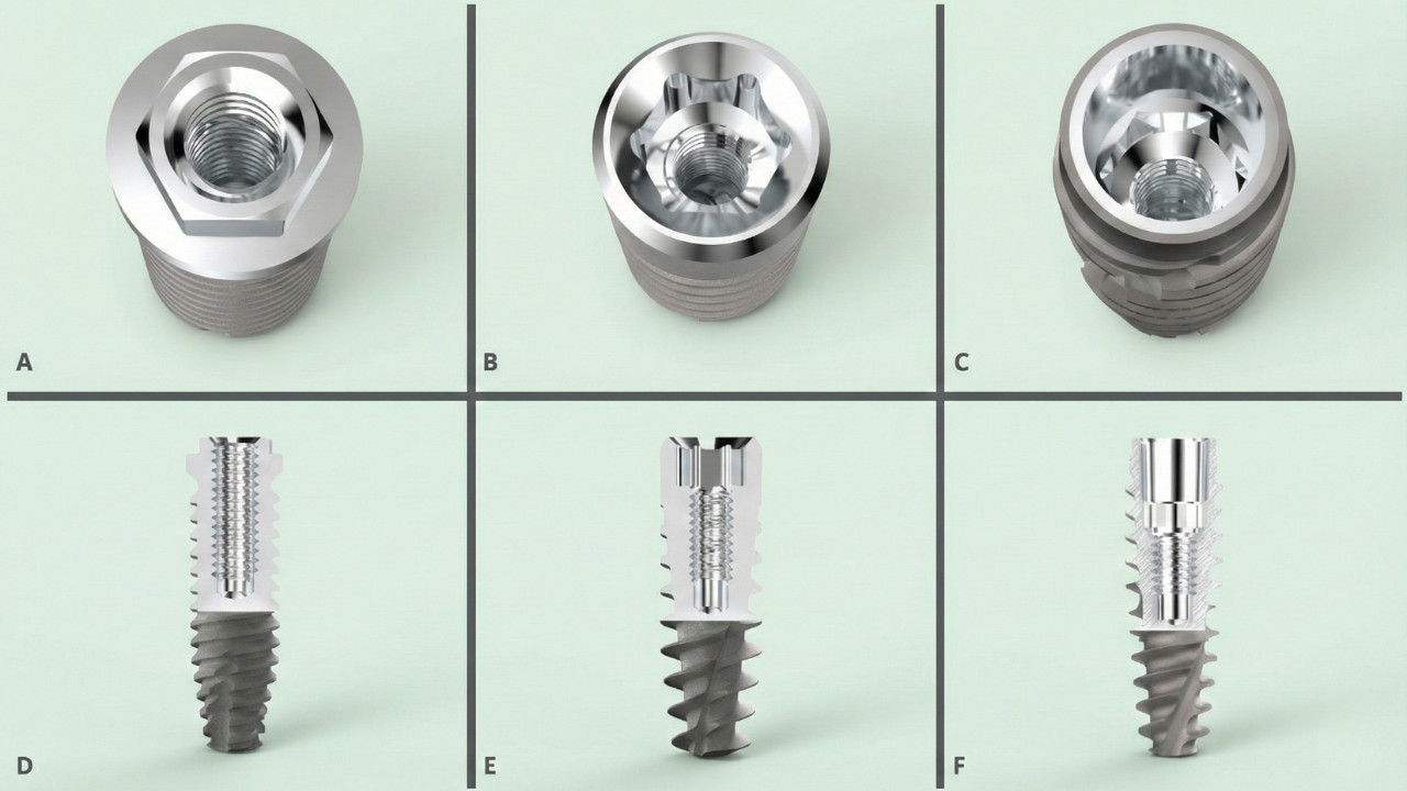 3D rendering comparing three implant-abutment connection designs: External Hexagon, Internal Hexagon, and Cone Morse with longitudinal cross-sections