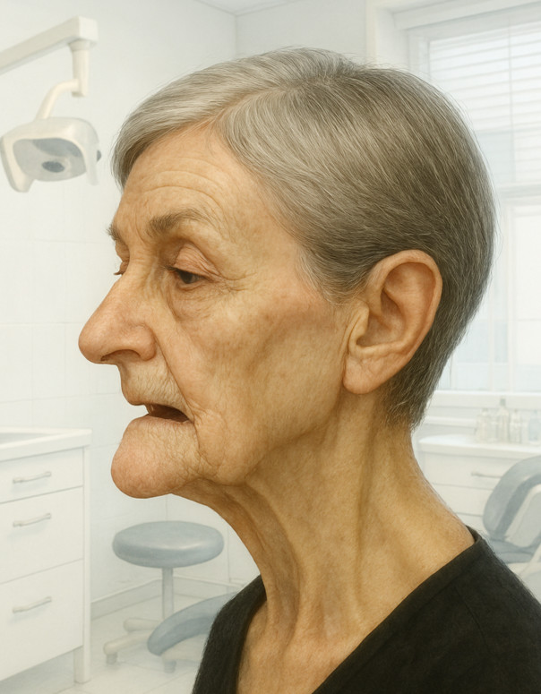 Example of bone loss in elderly patients with complete edentia ('witch's chin')