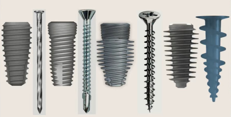 Visual analogy between different construction fasteners and dental implants for various bone